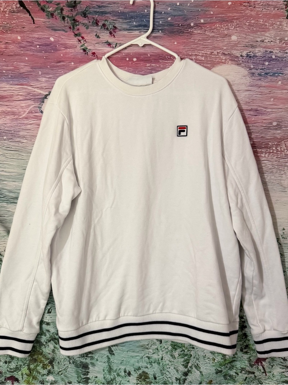 FILA Men's White Crewneck Sweatshirt with Stripe Hem
